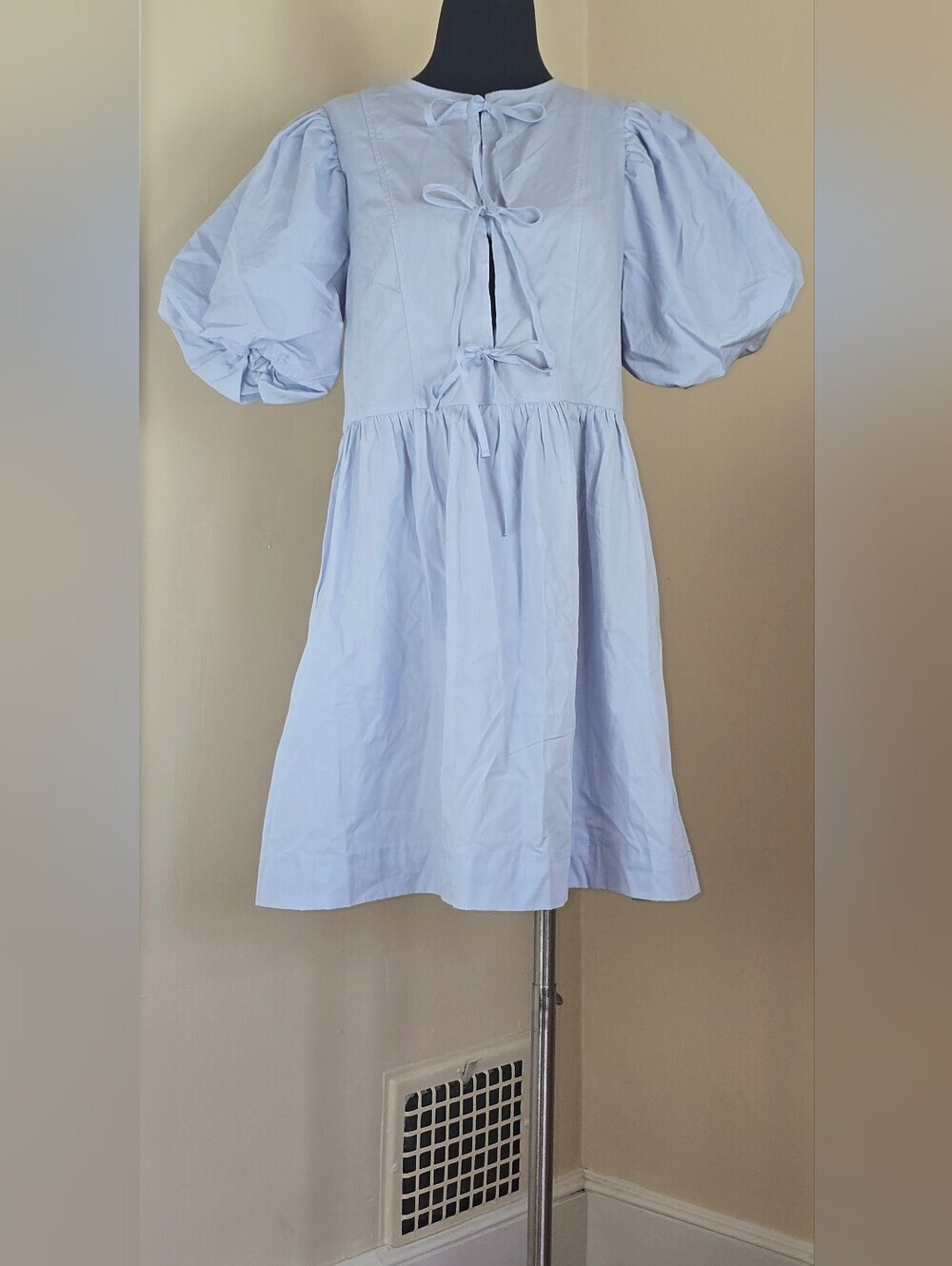 H&M Divided Powder Blue Puff Sleeve Tie Front Coquette Fit and Flare Dress NEW S
